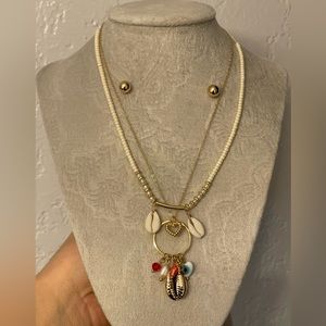 New, 18k Gold Filled Multi-layered Beaded Sea Shell & Evil Eye Necklace/Earring